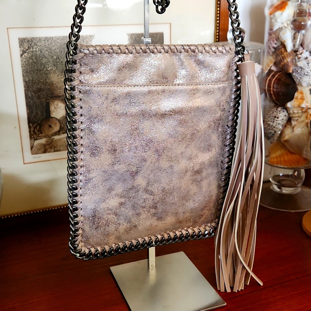 INZI Crossbody purse whip stitching metallic gray chain